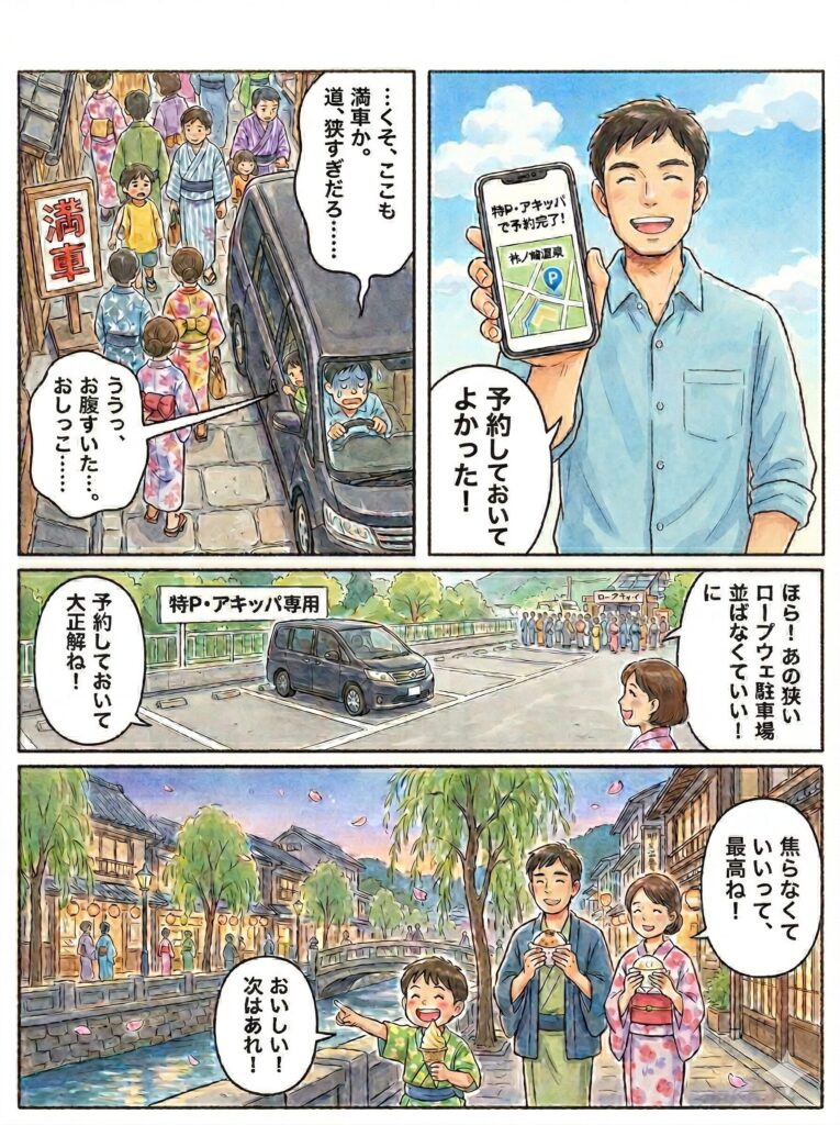 【第1コマ】絶望の入り口（回想：ロープウェイ駐車場周辺）
ビジュアル: 真上からのクローズアップ視点。浴衣姿の観光客であふれかえる極細道に、大きなワンボックスカーが立ち往生。すぐ横に『満車』の看板。車内のパパは冷や汗をかいて絶望している。
セリフ:
パパ「…くそ、ここも満車か。道、狭すぎだろ……」
「ううっ、お腹すいた……。おしっこ……」
【第2コマ】賢者の選択（現在：車内）
ビジュアル: 場面は一転、晴れやかな表情のパパのクローズアップ。力強くスマホを掲げている。画面には「特P・アキッパで予約完了！」の文字と、分かりやすい地図。
セリフ:
パパ**「だから今回は、『予約』！」**
【第3コマ】約束の指定席（到着：予約駐車場）
ビジュアル: 広々とした「特P・アキッパ専用」の駐車場。1コマ目の混雑が嘘のように、ワンボックスカーがスッと余裕を持って停まっている。
セリフ:
パパ**「ほら！あの狭いロープウェイ駐車場に並ばなくていい！」**
ママ「予約しておいて大正解ね！」
【第4コマ】至福のひととき（温泉街：食べ歩き）
ビジュアル: 美しい城崎の街並み。第1コマで泣きそうだった子供が、満面の笑みでジェラートを頬張っている。パパとママもカニまんを手に、ゆったりと景色を楽しんでいる。背景には桜や柳が舞い、時間の余裕が溢れている。
セリフ:
「焦らなくていいって、最高だな！」
子供「おいしい！次はあれ！」