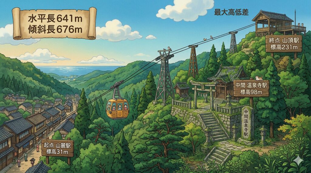 アニメ風のイラストで描かれた城崎ロープウェイの全景案内図。山麓駅（標高31m）、中間・温泉寺駅（98m）、終点・山頂駅（231m）の各標高と、水平長641m・傾斜長676mの距離データが記載された、緑豊かな温泉街の風景。
