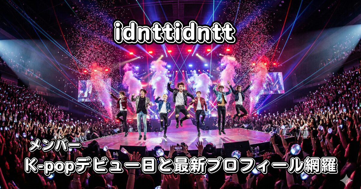 青と赤のレーザー光線や紙吹雪が舞う熱狂的なK-popコンサートのステージで、7人のメンバーが躍動するアイキャッチ画像。上部にグループ名「idnttidntt」、下部に「メンバー K-popデビュー日と最新プロフィール網羅」のテキストが配置されている。