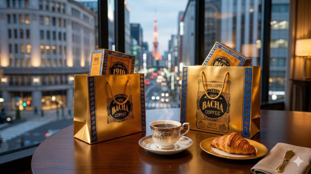 東京タワーの夜景を背景に、バシャコーヒー (Bacha Coffee)のギフトバッグとコーヒー、クロワッサンが並ぶ贅沢なティータイムの風景。