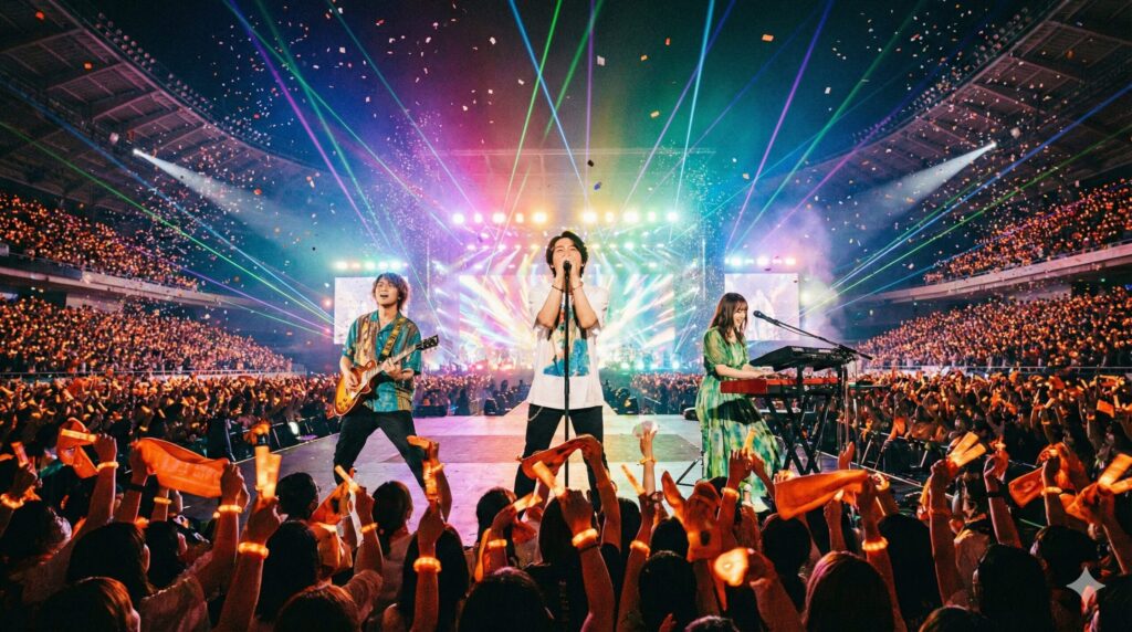 ミセスグリーンアップルの2026年スタジアムライブ「ゼンジン未到とイ/ミュータブル」で、メンバー3人が色鮮やかなレーザー光線と紙吹雪が舞うステージで熱唱し、満員の観客がオレンジ色のペンライトやタオルを掲げて熱狂している様子。