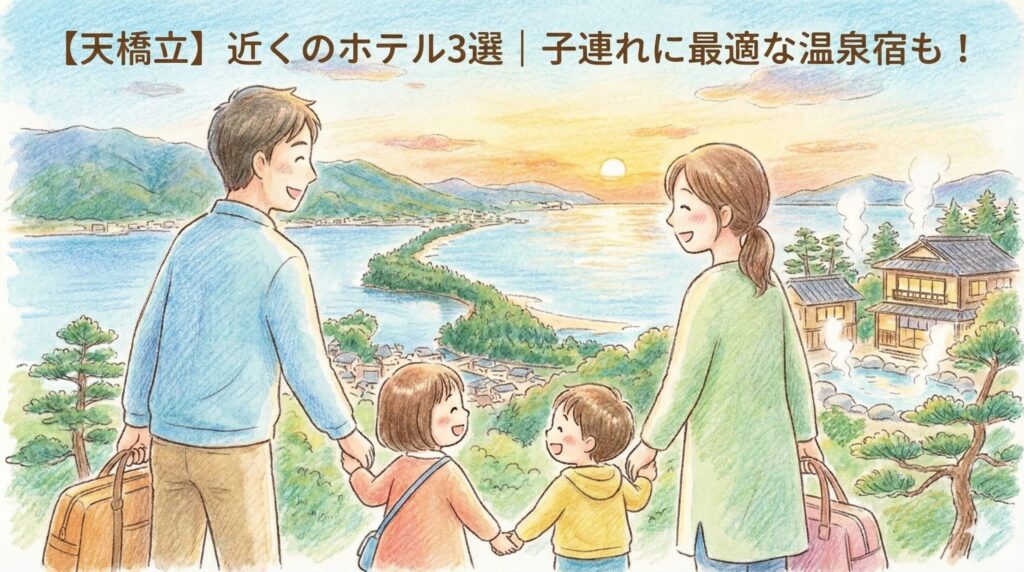 天橋立の絶景を背景に夕日を眺める家族のイラスト。子連れ旅行の温泉宿選びをイメージした温かい風景。