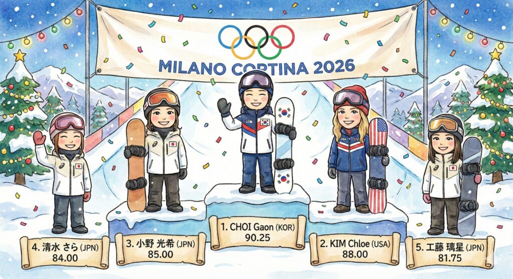 ミラノ・コルティナ2026スノーボード女子ハーフパイプ上位5名の結果イラスト。1位CHOI Gaon、2位KIM Chloe、3位小野光希、4位清水さら、5位工藤璃星の順位と得点が表示された華やかな表彰式の様子。