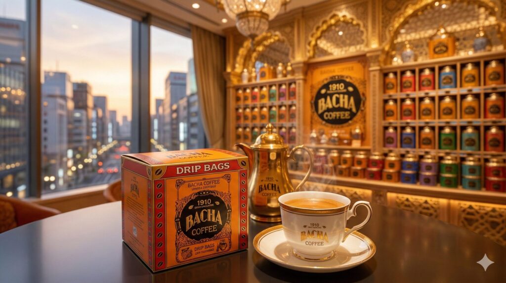 バシャコーヒー (Bacha Coffee)の豪華なブティックをイメージしたインテリア。手前にはドリップバッグのボックスと黄金のコーヒーポット、背景の棚には色鮮やかなコーヒーキャニスターが並ぶ、ブランドの世界観を凝縮した一枚。