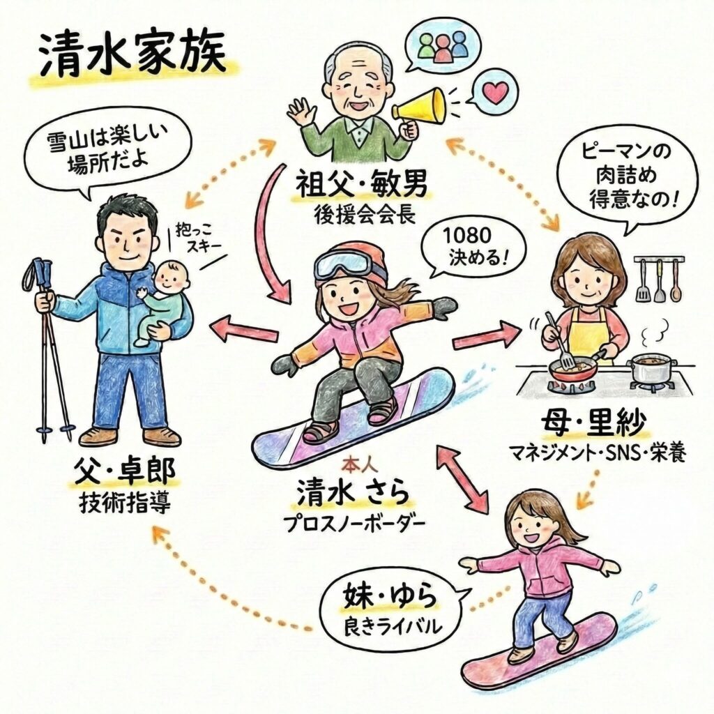 清水さら選手を支える家族の役割を描いたイラスト。父・卓郎（技術指導）、母・里紗（マネジメント・SNS・栄養）、祖父・敏男（後援会会長）、妹・ゆら（良きライバル）の4人が、プロスノーボーダーの清水さらを多角的にサポートする「チーム清水」の相関図。