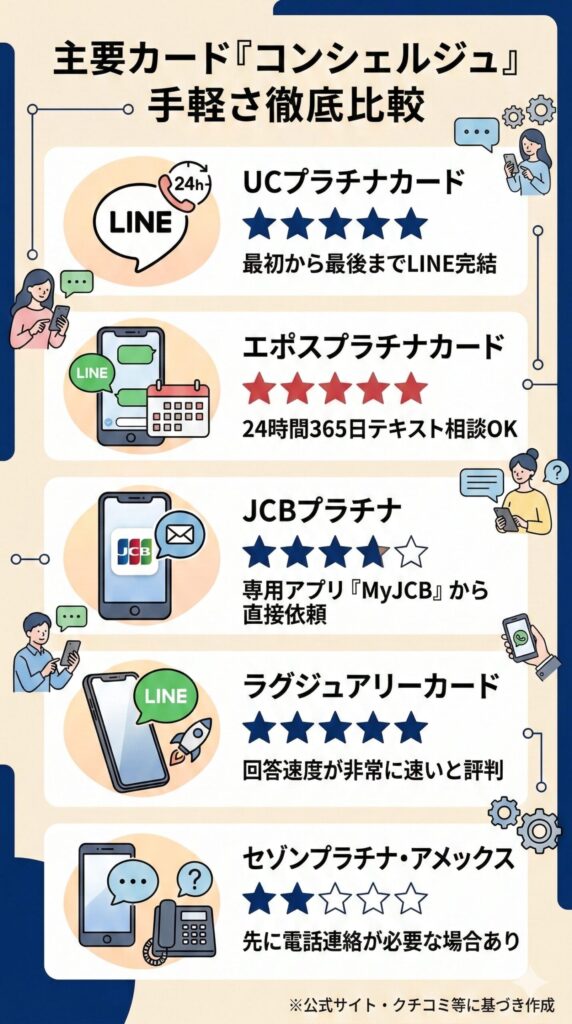 「クレカ コンシェルジュ 最強」の手軽さ比較。電話のストレスがない摩擦ゼロのカードは? UCプラチナカードは最初から最後までLINEで完結し星5つ。エポスプラチナカードは24時間365日テキスト相談OKで星5つ。JCBプラチナは専用アプリ「MyJCB」から直接依頼でき星4つ。ラグジュアリーカードは回答速度が非常に速いと評判で星5つ。一方でセゾンプラチナ・アメックスは先に電話連絡が必要な場合があり星2つ。忙しいあなたが検索の底なし沼から抜け出すための結論です。