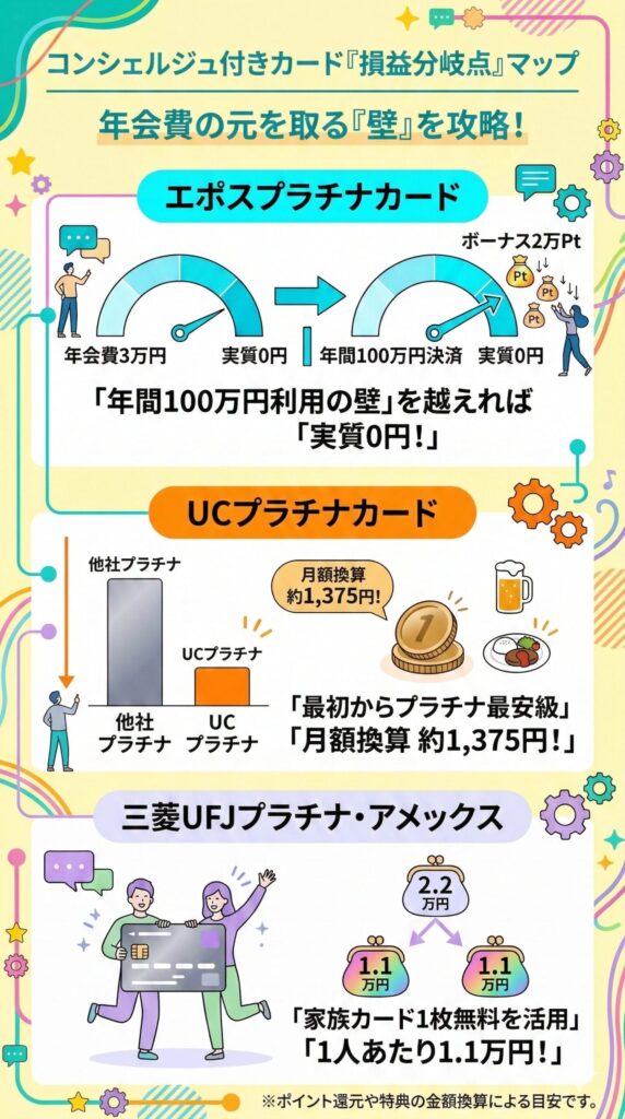 コンシェルジュ付きクレジットカード最強のコスパ比較!年会費の元を取る「損益分岐点」マップ。エポスプラチナカードは年間100万円決済で実質0円、UCプラチナカードは月額換算約1,375円の格安設計、三菱UFJプラチナ・アメックスは家族カード活用で1人1.1万円になる仕組みを図解。