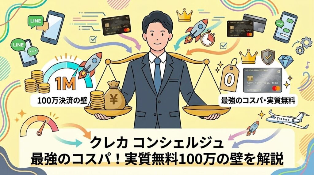 中央に立つスーツ姿の男性が、左右の天秤を支えるイラスト。左側の皿には、金貨や『100万』『1M』のロゴがあり、『100万決済の壁』を表現。右側の皿には、クレジットカードや王冠、盾、宝石、『0円』のアイコンがあり、『実質無料・最強のコスパ』を表現。背景にはLINEトーク画面やロケット、下部にはスーツケースを持った男性、ホテル、プライベートジェットのイラストが飛び交う。カラフルなグラレコ風のスタイル。