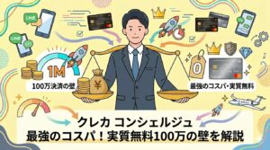 中央に立つスーツ姿の男性が、左右の天秤を支えるイラスト。左側の皿には、金貨や『100万』『1M』のロゴがあり、『100万決済の壁』を表現。右側の皿には、クレジットカードや王冠、盾、宝石、『0円』のアイコンがあり、『実質無料・最強のコスパ』を表現。背景にはLINEトーク画面やロケット、下部にはスーツケースを持った男性、ホテル、プライベートジェットのイラストが飛び交う。カラフルなグラレコ風のスタイル。