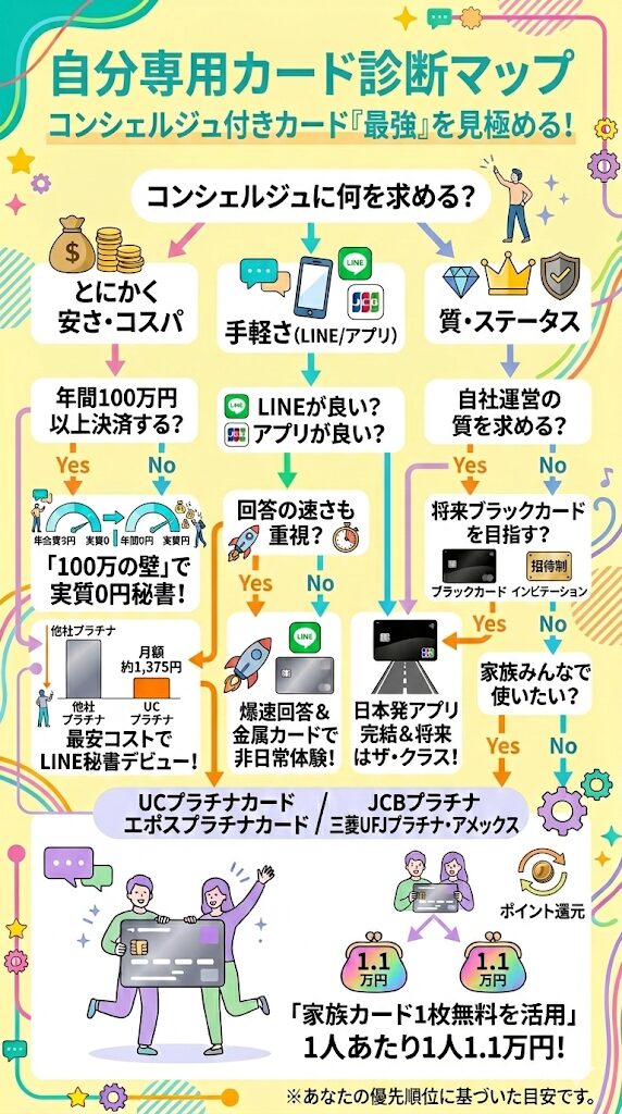 自分専用クレジットカードコンシェルジュ診断マップ。時間貧乏な最適化主義者のために、「コスパ重視」「手軽さ重視(LINE/アプリ)」「質・ステータス重視」の3つの優先順位から、Yes/No形式で最適な最強カードを自己診断できるフローチャート。エポスプラチナカード(100万決済で実質無料)、UCプラチナカード(最安コスト・LINE完結)、JCBプラチナ(アプリ完結・自社運営・JCBザ・クラスへの道)、ラグジュアリーカード(チタン)(LINE爆速・金属製・非日常優待)、三菱UFJプラチナ・アメックス(家族無料・高還元)への着地点を図解。あなたの生活のストレスをゼロにする運命の1枚が見つかります。
