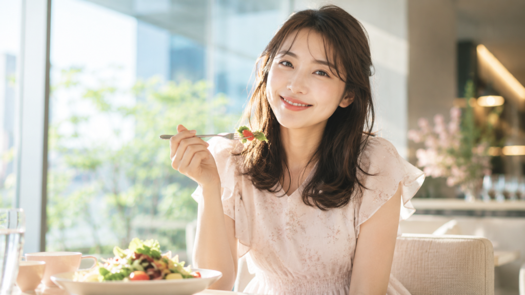 東京ガーデンシアター（有明ガーデン）で食事をしている若い女性