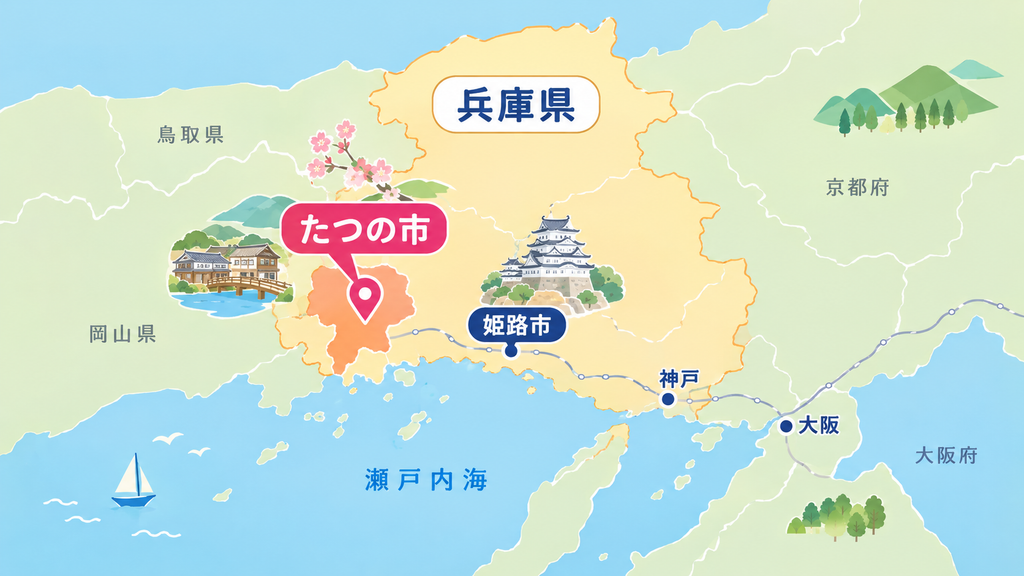 日本地図の兵庫県から拡大して、姫路市の西にあるたつの市の位置を示した地図